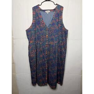Truly Yours Vintage 90s 3X Denim Button Down Dress Sleeveless Floral Flowers
